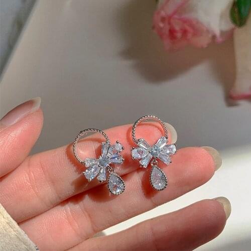​ZDMXJL New Trend Women Earring Zircon Crystal Simple Sweet Cute Round Bowknot Ear Stud Drop Earrings For Women Gift Female