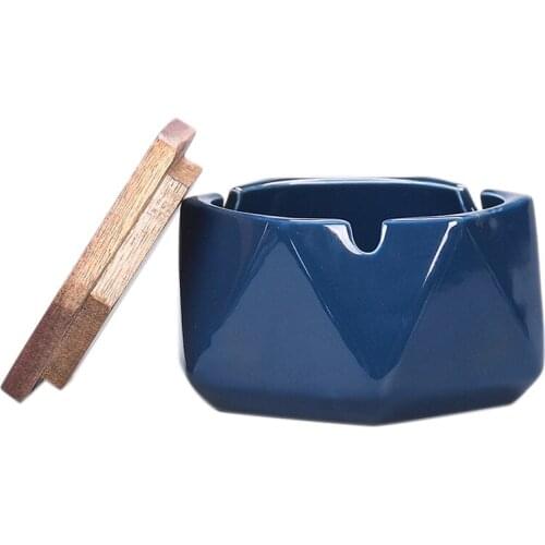 Ceramic Geometric Ashtray with Lid Fashion Windproof Large Ashtray Living Room Home Office Ashtray Home Decoration Blue