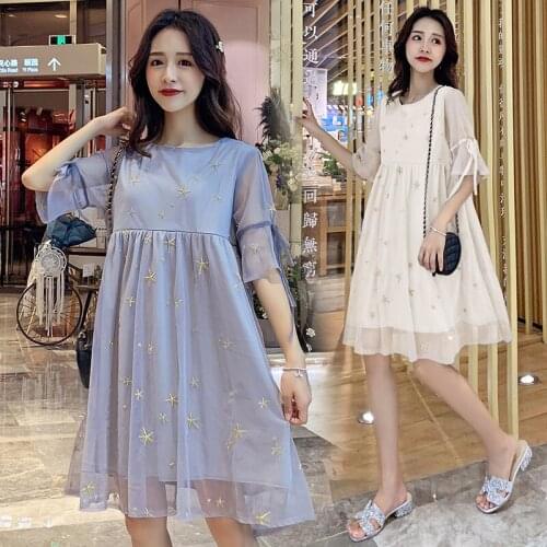 High Waist Maternity Breastfeeding Dress short sleeves Embroidery Voile Nursing dresses Clothes for Pregnant Women Pregnancy