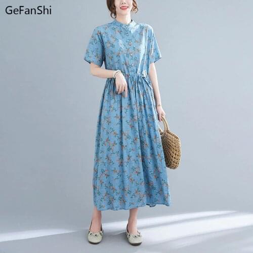 Fashion Print Women Summer Dress 2021 Casual Loose Short Sleeve Waist Drawstring Cotton Linen Elegant Lady Dresses Vestidos