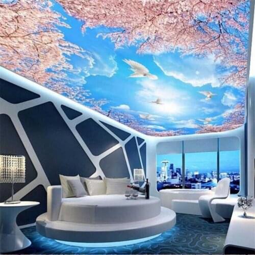 Beibehang Custom wallpaper 3d blue sky white clouds cherry tree 3d zenith mural living room bedroom restaurant ceiling wallpaper