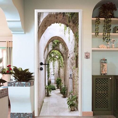PVC Door Sticker Self-adhesive Waterproof Wallpaper Modern 3D Stereo Three-legged Arch Door Green Leaf Living Room Bedroom Decor
