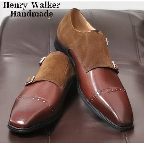 Luxury Brand Men‘s Loafers Black Brown Double Monk Strap Slip on Suede Shoes Casual Dress Shoe Wedding Office Leather Shoes Men
