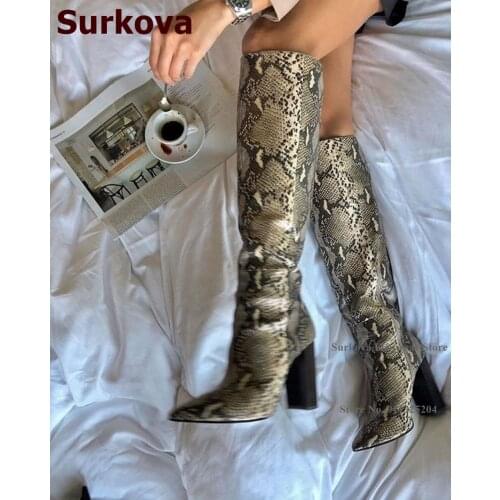 Surkova Sexy Snakeskin Knee High Boots Black Wooden Pattern Chunky Heels Pointed Toe Long Boots Fall Winter Python Printed Shoes