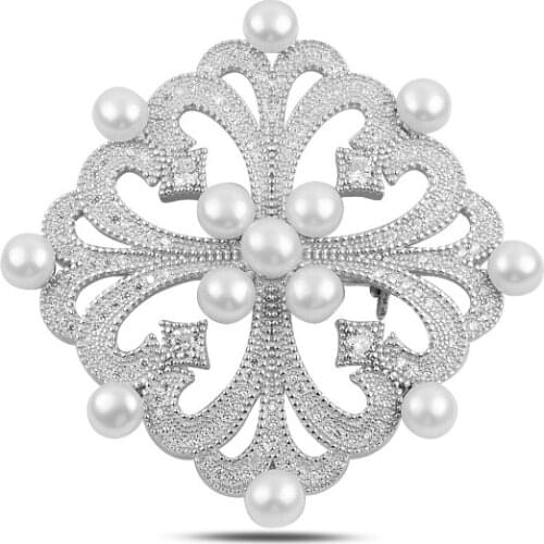 Silverlina Silver Pearl & Zircon Crystal Brooch & Pendant