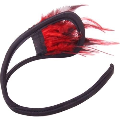 Sexy Women Pantie Feather Decorated C-string Seductive Underwear Thongs Briefs Lingerie Red + Black