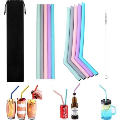 5 pcs Reusable Food Grade Silicone Straws With Cleaning Brush Set Party Bar accessory Straight Bent Drinking Straw