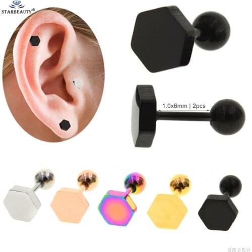 Starbeauty 2 pcs/lot Cool Hexagon Stud Earrings Tragus Piercing Helix Piercing Oreja Cartilage Earring Pircing Ear Jewelry