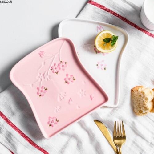 European Style Emboss Plates Ceramic Creative Breakfast Bread Snack Tray Dessert Plate Brown Edge Toast Shaped Pattern Tableware