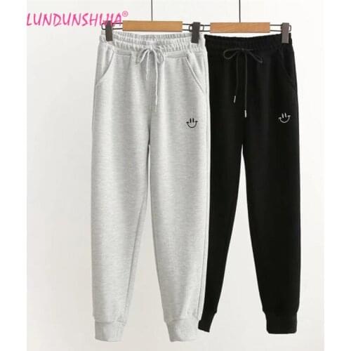 LUNDUNSHIJIA 2021 Spring Autumn Women 100% Cotton Long Pants High Quality Big Strethy Waist Smiley Embroidery Trousers