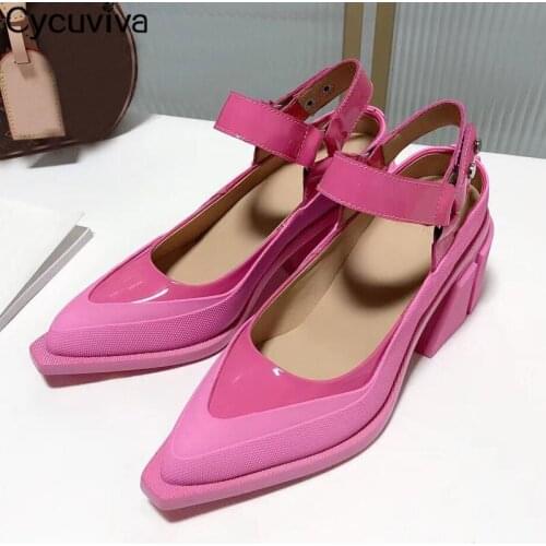 Pointed Toe Mary Jeans Women Shoes 2021 Patent Leather Ankle Strap Pink Color Pumps Causal Ladies Runway Party Dress Shoes Woman