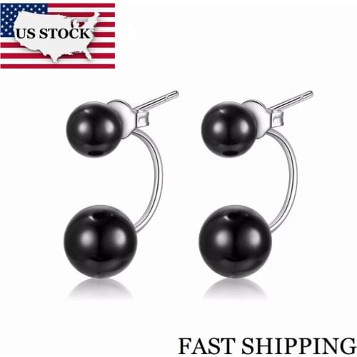 US STOCK Girlfriend Female Silver Color Black Stone Double Sided Stud Earrings for Women Wedding Stones Dubbel Oorbellen WH100