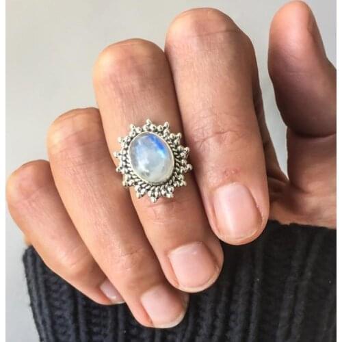Classic silver color Inlaid Moonstone Ring for women,European and American Vintage Retro Thai Silver Jewelry Accessories