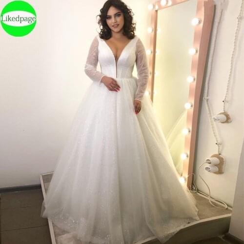 Wedding Dress 2021 Vestidos De Novia Sexy V Neck Long Sleeve Sequin Tulle Robe Mariage Lace Up Back Floor Length Bride Gown