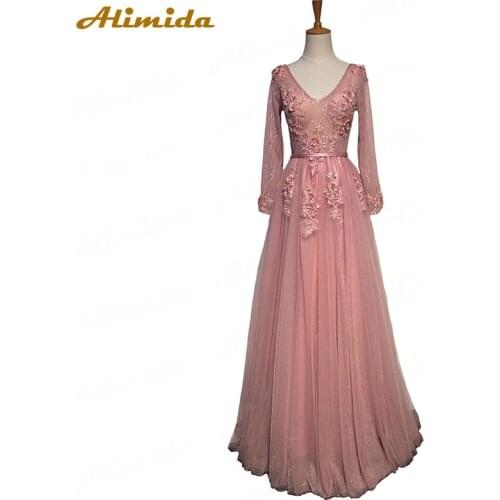 ALIMIDA Full Sleeve Evening Dress 2020 V-Neck Appliques A-Line Sheer Prom Dresses Beaded Party Dress Floor Length robe de soiree