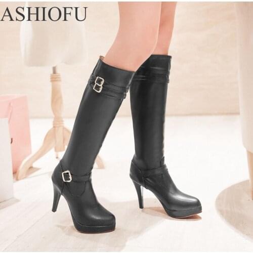 ASHIOFU New Women Knee Boots Buckles Deco Sexy Plaftorm Winter Boots Fashion Party Prom High Heel Boots Shoes