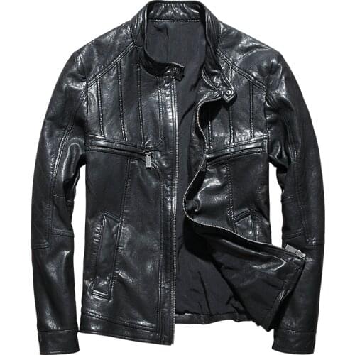 AYUNSUE Mens Sheepskin Coat Real Genuine Leather Jacket Men Motorcycle Jacket Biker Vintage Leather Jackets Wp4002X KJ4123