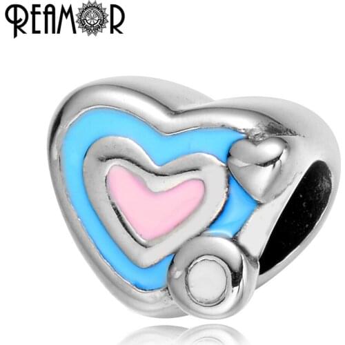 REAMOR 316l Stainless Steel Enamel Pink & Blue Heart Bead 5mm Big Hole Love Spacer Bead Charms For Bracelet DIY Jewelry Making