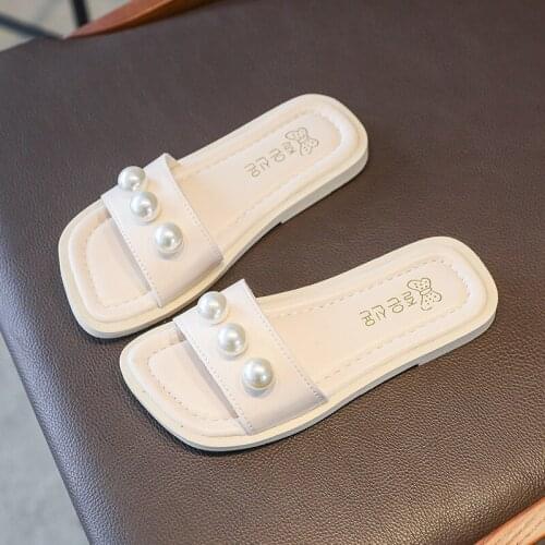 CUZULLAA Children Girls Pearl Slip-On Slippers Beach Sandals For Kids Non-slip Summer Shoes Size 26-36