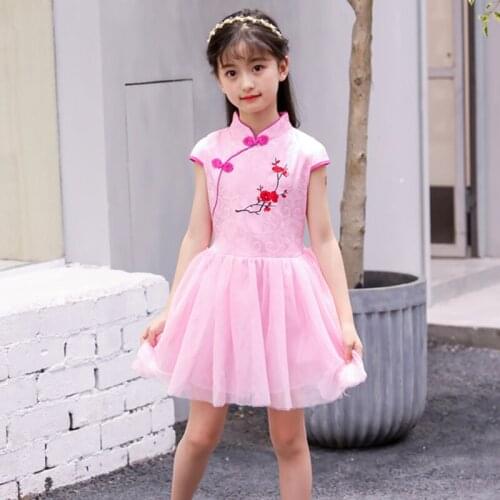 Children Girl Dress Cheongsam Chinese Traditional Dress Short Sleeve Skirt Girl Children Cheongsam 2018 Summer Cotton Qipao