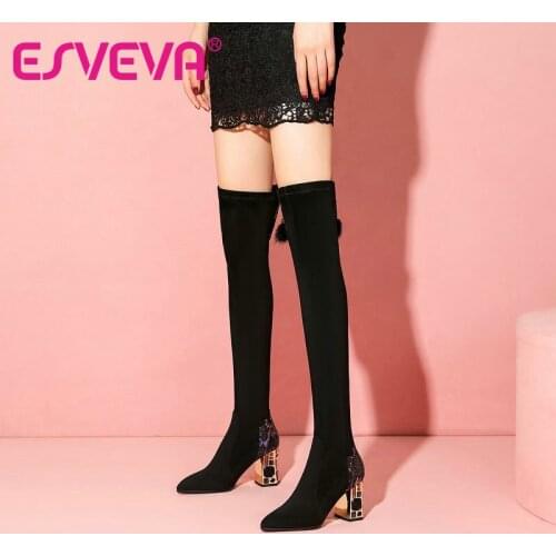 ESVEVA 2021 Square High Heel SheepSkin Knee High Boots Women Boots Shoes Pointed Toe Fashion Platform Boots Size 34-39