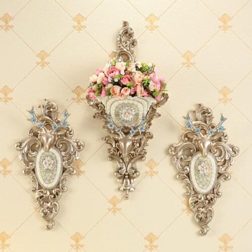 European 3D Deer Wall Hanging Resin Vase+Artificial Flower Pot Decoration Crafts Home Living Room TV Background Murals Ornaments