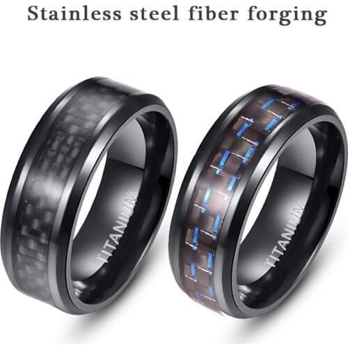 FDLK 8mm Mens Black Stainless Steel Wedding Band Carbon Fiber Inlay Comfort Fit Ring Beveled Edge Size 6-13