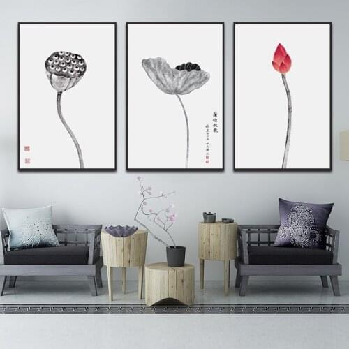 Chinese Minimalist Ink Printing Lotus And Lotus Leaf Traditional Living Room Study Decoration Frameless Canvas Poster