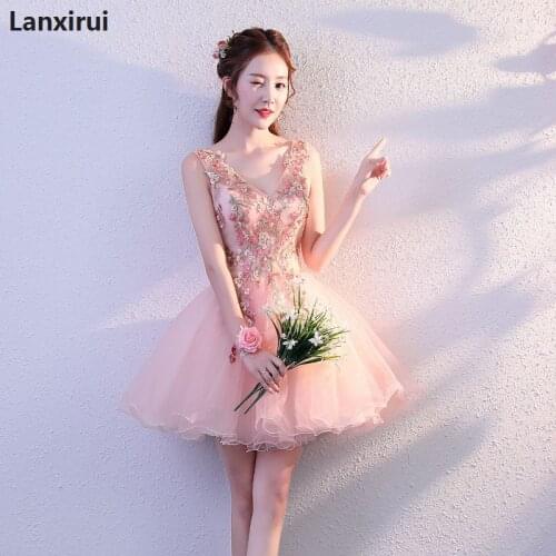Short Pink Party Dresses Ball Gown V Neck Sleeveless Appliques Beads Women Girls Formal Party Dress Vestidos