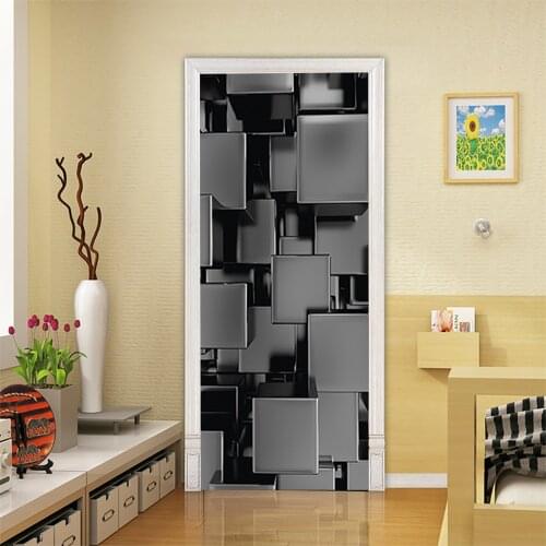 Door Mural Geometry Black Square Door Sticker Home Design Wall Sticker Waterproof Self-adhesive PVC Removable Decoration Poster