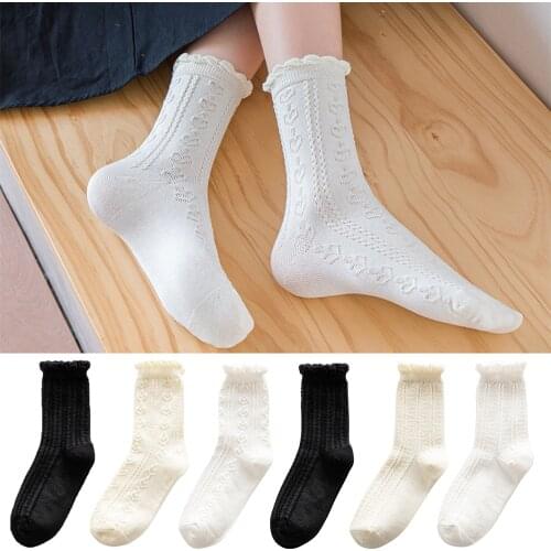Lot 6 Pairs Women Summer Short Socks Black White Soft Solid Ankle Knitting Sweet Cotton School Girls Cute Lolita Socks