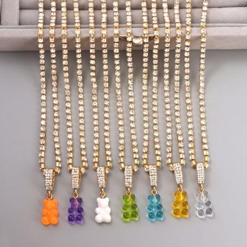Rainbow Gummy Bear Pendant Choker Necklace For Women Jelly Bear Bling Rhinestone Tennis Chain Necklace Fashion Statement Jewelry
