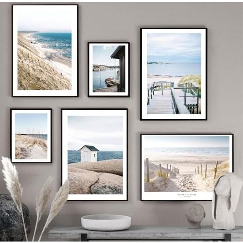 Nordic Poster Canvas Photography Natural Seaside Scenery Blue Sky Houses Modern Painting Art Print Wall Picture Rooms Home Decor