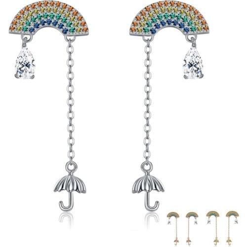 SILVERHOO 925 Sterling Silver Earring For Women Tassel Umbrella Water Drop Dangle Dazzling Cubic Zircon Rainbow Earring Jewelry