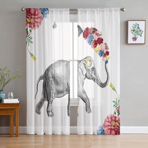 Elephants Flowers Butterfly White Window Curtains Bedroom Modern Drape Sheer Tulle Valances Living Room Kitchen Voile Curtain