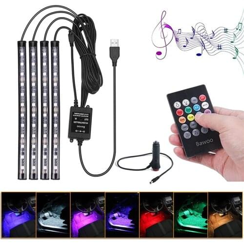 Car LED Interior Lights 4 Pcs Atmosphere Strip Light Car Accessories USB Port Remote Control DIY Colors Music Microphone Control