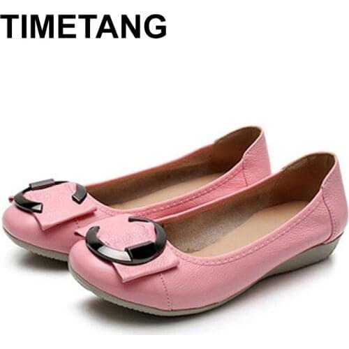 TIMETANG Spring Summer Ballet Flats Shoes Women Genuine Leather Shallow Round Toe Plus Size Leather Slip On Shoes For WomenE728