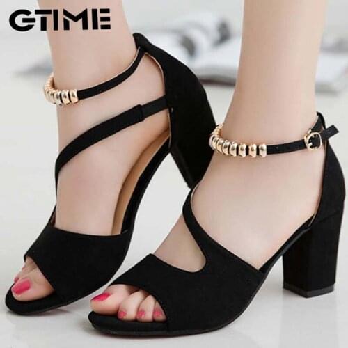 Spring summer sexy fish mouth hollow Roman sandals thick with word with beaded high heels female summer Sexy female #SJPAE-62