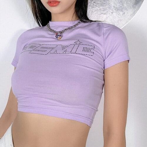 Women Summer Short Sleeve Crop Top Shiny Hot Drill Rhinestone Cosmic Letter T-Shirt Navel Slim Vest Club Streetwear