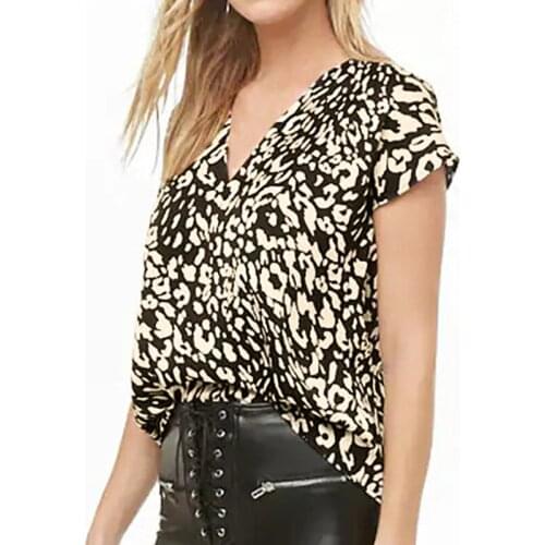 Leopard Print Blouse Women Summer Sexy V Neck Chiffon Blouse Tops Casual Short Sleeve Tunic Shirt Plus Size Chemisier Femme