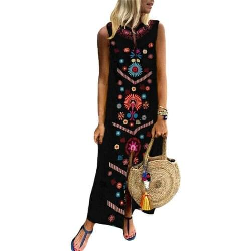 Women Sleeveless Boho Cotton Linen Kaftan Maxi Dress Ladies Long Dresses New Female Casual Loose Vintage Shirtdress Holiday