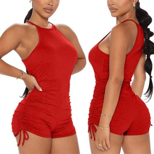Women Red Bodycon Short Romper Drawstring Slim Fit Sleeveless O-Neck Female Summer Jumpsuit
