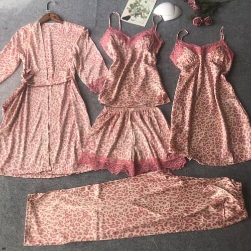 Womens Leopard 5PCS Pajamas Set Sexy Satin Robe Loose V-Neck Kimono Gown Pink Lace Shirt&Pant Sleepwear Summer Thin Bathrobe