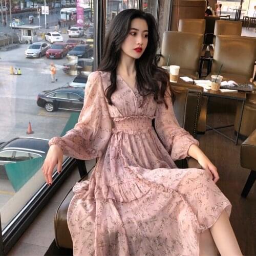 2021 Spring Autumn Women Floral Printed Chiffon Dress Sweet V Neck Slim Fit Long Dress Korean Style Ruffle Plus Size Vestidos