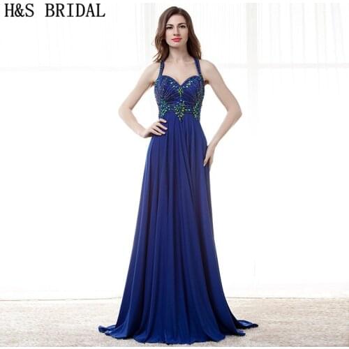 H&S BRIDAL Royal Blue Crystal Beaded Evening Dress Sweetheart Chiffon Sexy Backless formal evening gown Draped Prom Dresses 2017