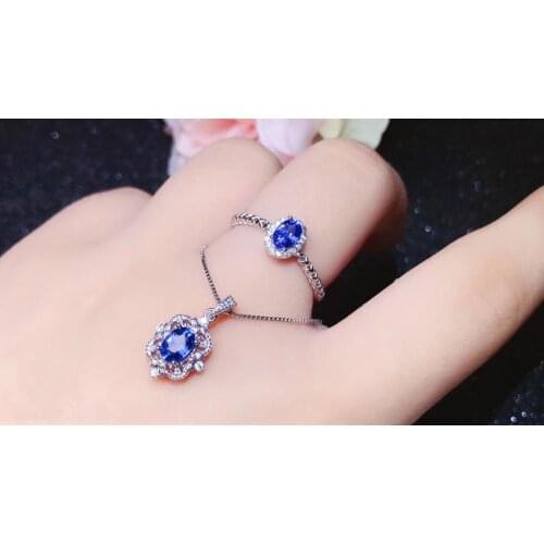 100% Real Natural Sapphire Jewelry set Natural And Real 925 sterling silver Fine jewelry 1pc Sapphire ring,1pc Sapphire Pendant