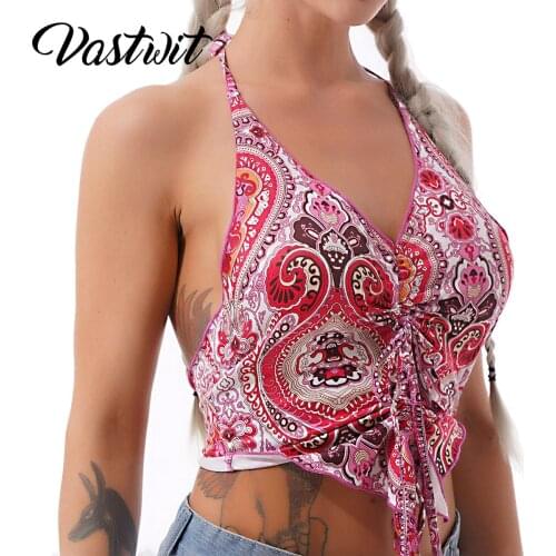 2021 Women V Neck Pink Y2k Crop Top Summer Halter Backless Off Shoulder Bandage Ruched Print Red Sexy Tank Tops Vintage