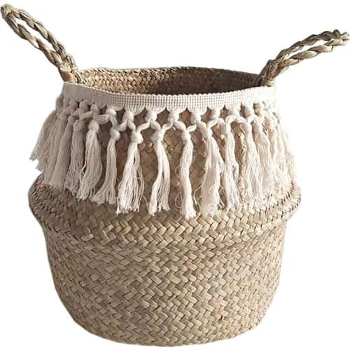 Handmade Bamboo Storage Baskets Seagrass Foldable Woven Storage Box Plant Straw Basket Toy Holder With White Tassel Organizer