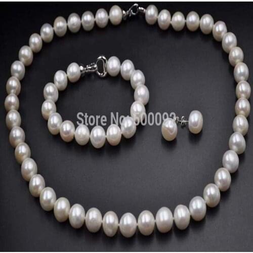 Free shipping 11-12mm 1 sets freshwater pearl 20" necklace 7.5" bracelet