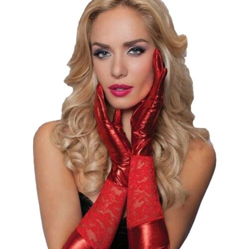 Black Red Gothic Punk Women Sexy Gloves Lace Splicing Faux Leather Mittens Performance Accessory Five Fingers Gloves